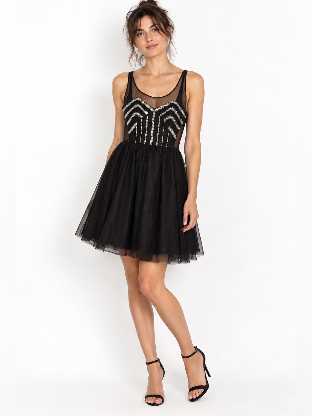 Bershka Black Beaded Mesh Tulle Mini Dress M